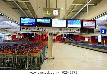 PARIS - AUGUST 08, 2015: baggage area in Orly Airport. Paris Orly Airport is an international airport located partially in Orly and partially in Villeneuve-le-Roi, 7 NM south of Paris, France