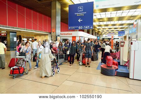 PARIS - AUGUST 08, 2015: Orly Airport interior. Paris Orly Airport is an international airport located partially in Orly and partially in Villeneuve-le-Roi, 7 NM (13 km; 8.1 mi) south of Paris, France