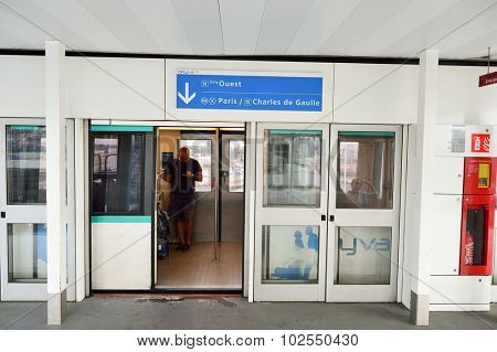 PARIS - AUGUST 08, 2015: train to metro from Orly airport. Paris Orly Airport is an international airport located partially in Orly and partially in Villeneuve-le-Roi, 7 NM south of Paris, France