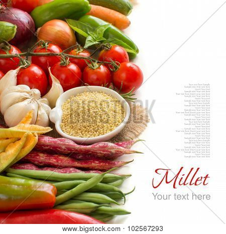 Raw Millet In Bowl And Vegetables