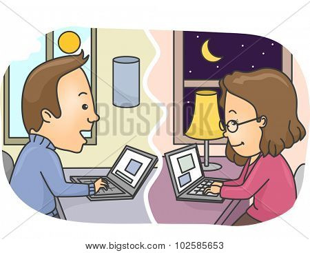 Illustration of a Couple in a Long Distance Relationship Chatting Over the Internet