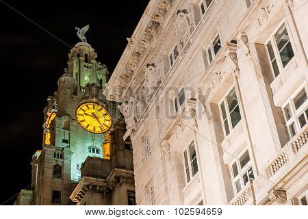 Liverpool Liver Building and Cunard Building at night