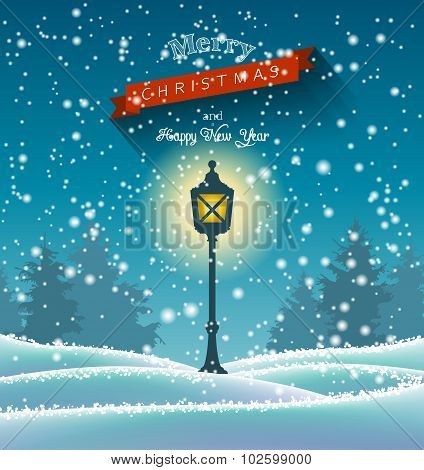 Shining vintage lamp in winter forrest, chritmas theme, illustration