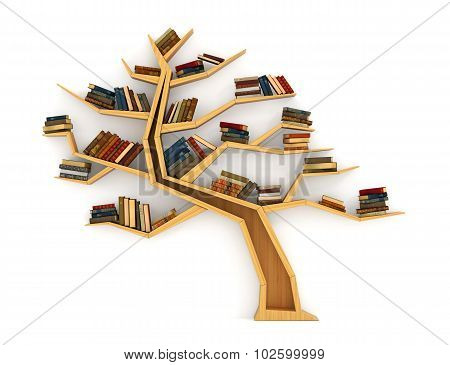 Concept Of Training. Wooden Bookshelf In Form Of Tree. Science About Nature. The Tree Of Knowledge.