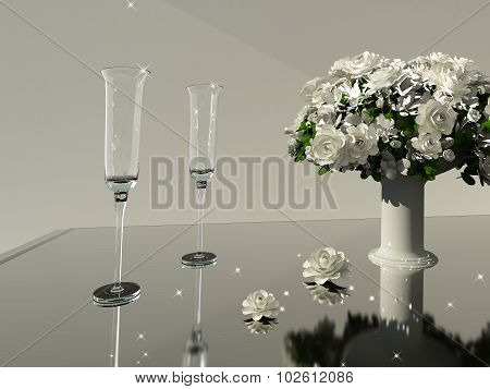 Glasses of champagne and flowers