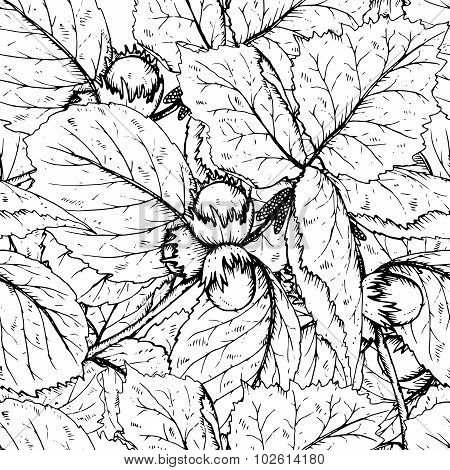 Decorative Seamless Pattern With Hazelnuts And Leaves.
