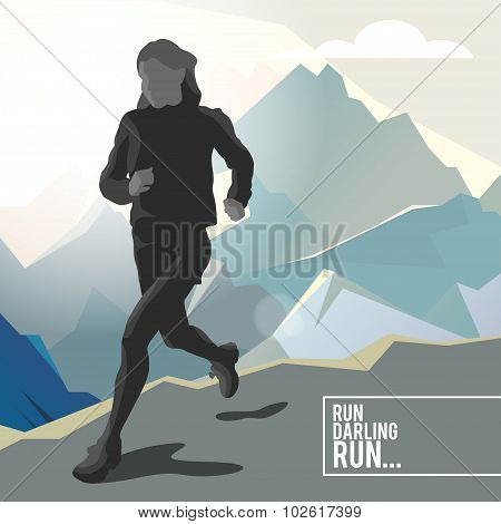 Silhouette of a running girl athlete on the background of mountains with stylish typographic. Vector