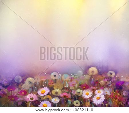 Oil Painting Flowers Dandelion, Poppy, Daisy, Cornflower In Fields