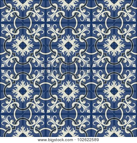 Gorgeous seamless patchwork pattern from dark blue and white Moroccan tiles, ornaments. Can be used