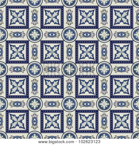 Gorgeous seamless patchwork pattern from dark blue and white Moroccan, Portuguese  tiles, Azulejo, o