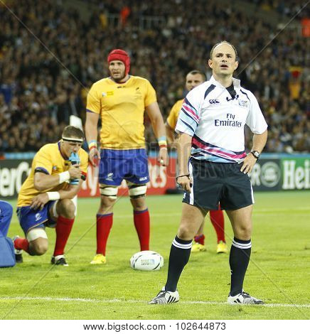 LONDON, ENGLAND - SEPTEMBER 23 2015 The 2015 Rugby World Cup Pool D match between France and Romania at The Stadium, Queen Elizabeth Park.