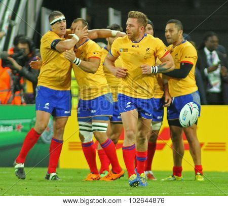LONDON, ENGLAND - SEPTEMBER 23 2015 The 2015 Rugby World Cup Pool D match between France and Romania at The Stadium, Queen Elizabeth Park.