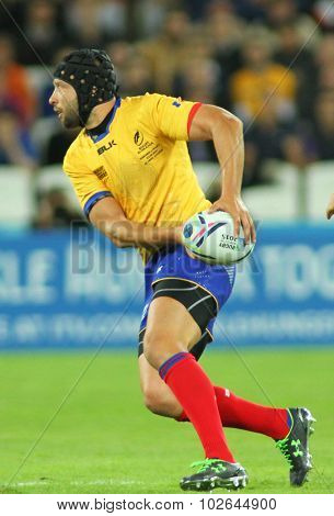 LONDON, ENGLAND - SEPTEMBER 23 2015 The 2015 Rugby World Cup Pool D match between France and Romania at The Stadium, Queen Elizabeth Park.