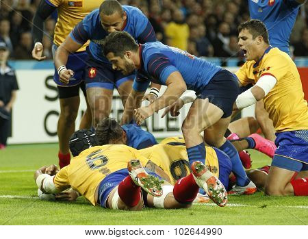 LONDON, ENGLAND - SEPTEMBER 23 2015 The 2015 Rugby World Cup Pool D match between France and Romania at The Stadium, Queen Elizabeth Olympic Park.