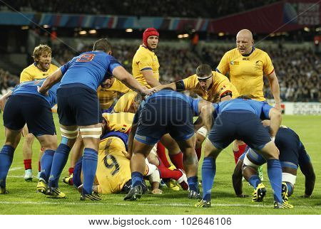 LONDON, ENGLAND - SEPTEMBER 23 2015 The 2015 Rugby World Cup Pool D match between France and Romania at The Stadium, Queen Elizabeth Olympic Park.