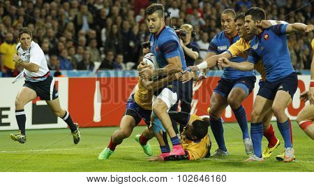 LONDON, ENGLAND - SEPTEMBER 23 2015 The 2015 Rugby World Cup Pool D match between France and Romania at The Stadium, Queen Elizabeth Olympic Park.