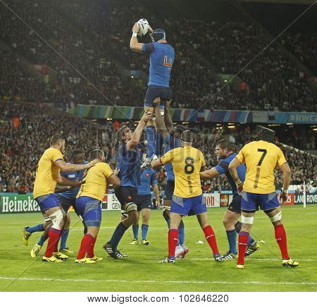 LONDON, ENGLAND - SEPTEMBER 23 2015 The 2015 Rugby World Cup Pool D match between France and Romania at The Stadium, Queen Elizabeth Olympic Park.