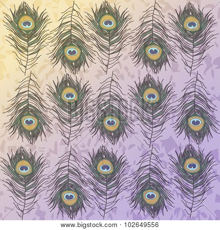 Peacock Feather In Yellow - Purple Background