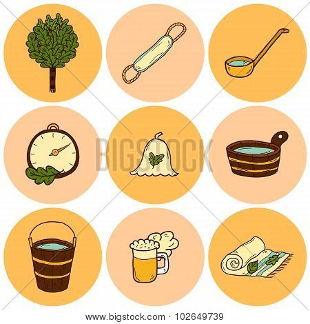 Set of hand drawn sauna icons: broom, towel, hat, wisp, beer, steam. Relaxation, health care or trea