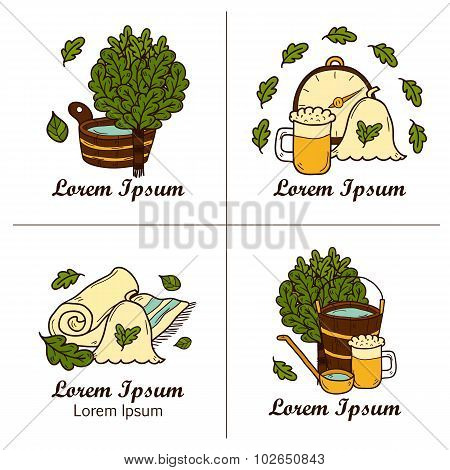 Set of hand drawn sauna logos or badges: broom, towel, hat, wisp, beer, steam. Relaxation, health ca
