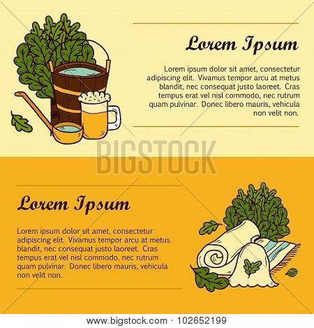 Relaxation, health care or treatment vector concept with background and cartoon hand drawn sauna obj