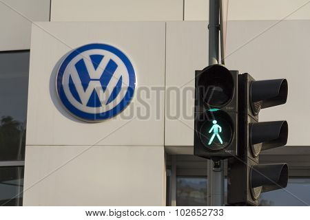 Volkswagen car maker logo on a building of czech dealership