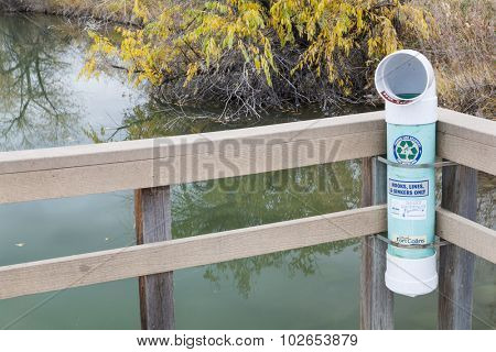 FORT COLLINS, CO, USA, OCTOBER 24, 2012:  Container for recycling fishing hooks and lines in Riverbend Ponds Natural Area, Fort Collins, Colorado