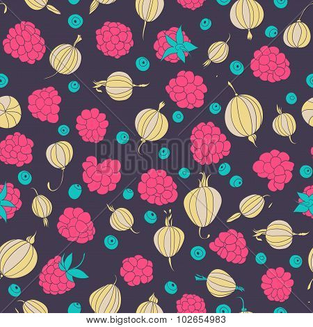 Seamless pattern with gooseberry, raspberry and bilberry. Berries.