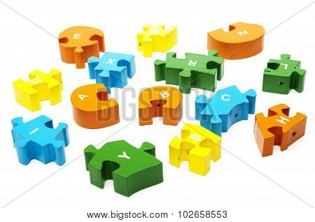 wooden puzzle blocks with numbers copy isolated on white