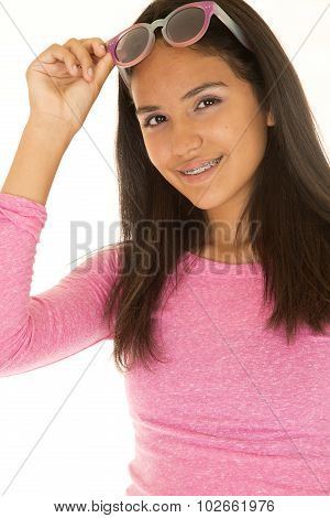Cute Dark Complected Girl Portrait Raising Sun Glasses