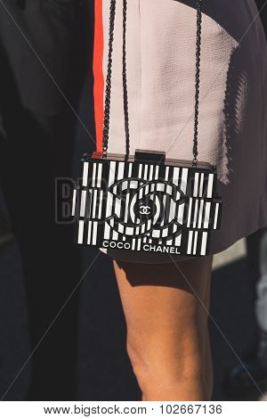 Detail Of Bag Outside Pucci Fashion Show Building In Milan, Italy