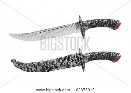Isolated ancient fantasy etched opened and closed knife with scabbard on white background profile view.