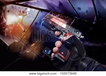 First person view hand in black leather gloves holding a futuristic fantasy neon recharging handgun with neon red, blue indicators and panels.