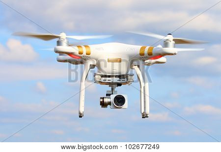 PILSEN CZECH REPUBLIC - SEPTEMBER 24, 2015: Drone quadrocopter Dji Phantom 3 Professional with high resolution digital camera (High quality 4K). New tool for aerial photo and video.