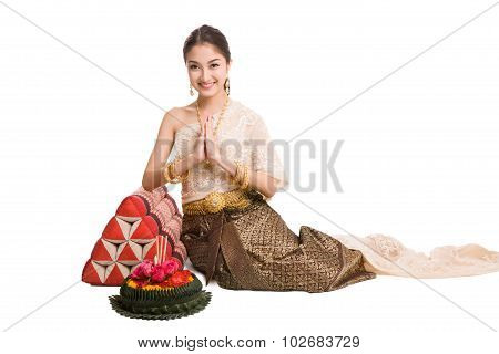 Thai Women Welcome With Traditional Thai Suit In Studio