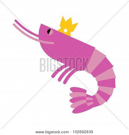 Royal Shrimp In Gold Crown. Giant Sea Cancroid. Vector Illustration Of Delicacy Food.