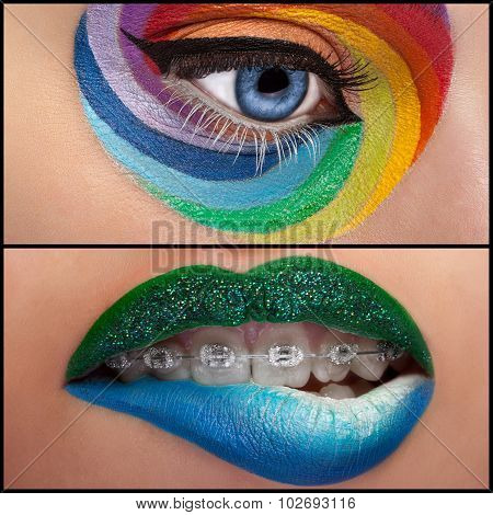 Collage Of An Eye And Lips With Fashion On Stage Make Up