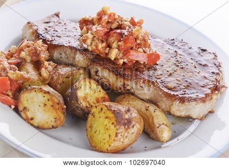 Seared Loin Steak with Fingerling Potatoes and Romesco Sauce