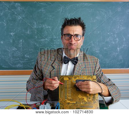 Nerd electronics technician retro teacher silly expression working in pcb