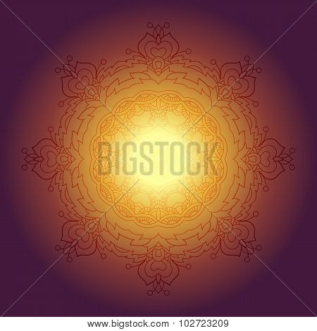 Abstract Geometrical Round Pattern On Deep Purple And Light Yellow Squared Background. Abstract Ethn