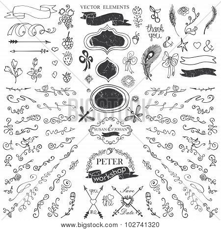 Doodles border,budges,ribbons,petal decor.Template