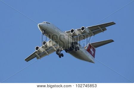 ZAGREB, CROATIA - JUNE 10: Avro RJ100, registration XB-IXP of Swiss  Airlines landing on Zagreb Airport Pleso on June 10, 2015.