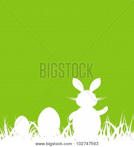 Cartoon green background with Easter rabbit and eggs