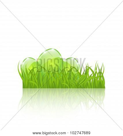 Easter set eggs in green grass isolated on white background
