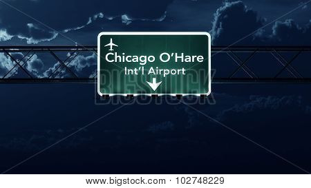 Chicago Ohare Usa Airport Highway Sign At Night
