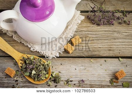 White Teapot, Dry Herbal Tea And Brown Sugar
