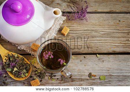 White Teapot, Dry Herbal Tea, Cup And Brown Sugar