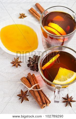 Honey,  Tea With Lemon And Cinnamon Sticks