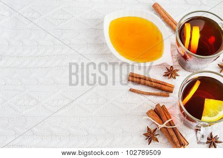 Black Tea With Lemon, Cinnamon And Honey. Cozy Winter Background