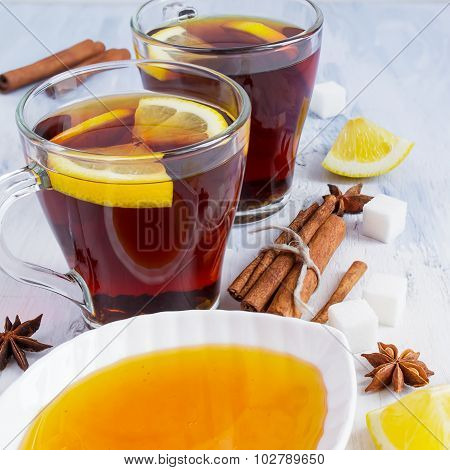 Honey Tea With Lemon And Cinnamon. Winter Still Life